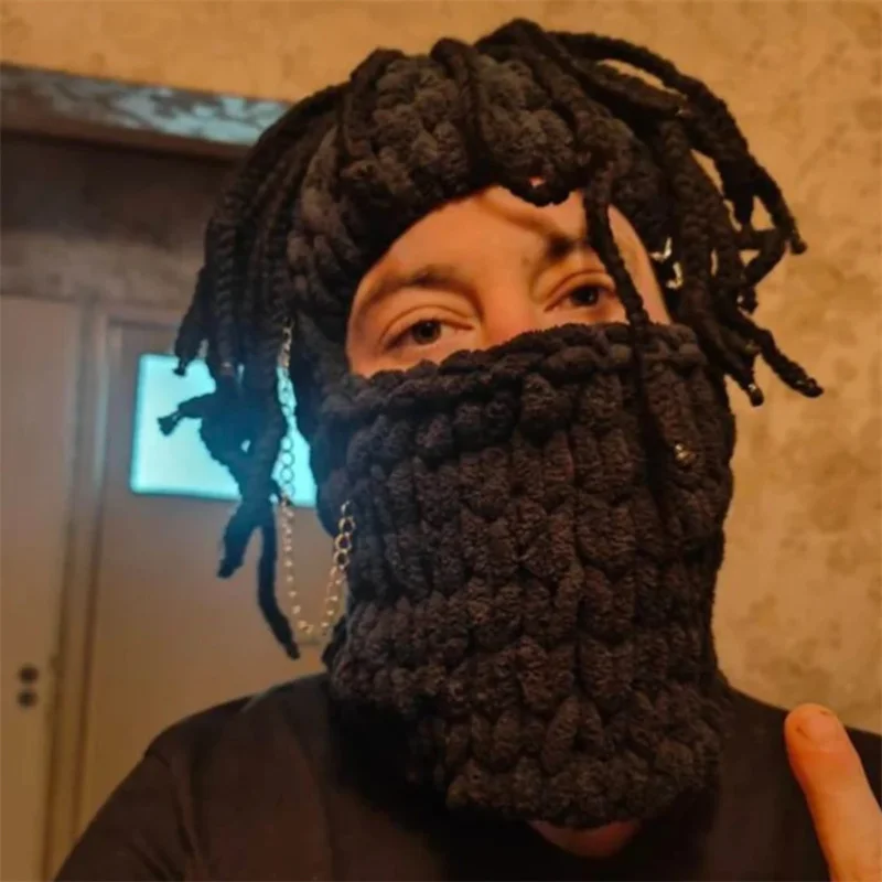 Handmade crocheted wig hat men women Balaclava Cap Halloween Party Funny Creative Winter Warm Full Face Cover Ski Mask Hat