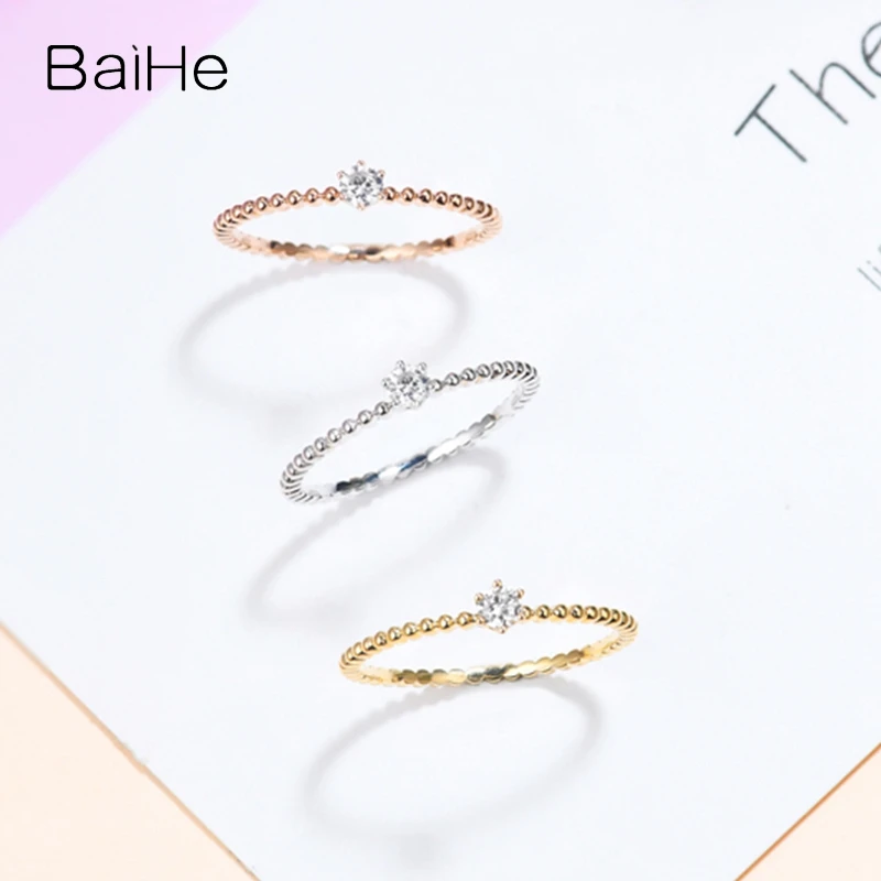 BAIHE Solid 14K Yellow Gold 0.07ct H/SI Natural Diamond Small Fresh Beads Side Ring Women Trendy Fine Jewelry Bague Anillo