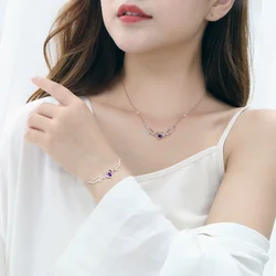 Hot 925 Sterling Silver Love Heart Angel Wing CZ Jewelry Set Purple AAA Zircon Pendant Necklace And Bracelet Women Fashion Gift