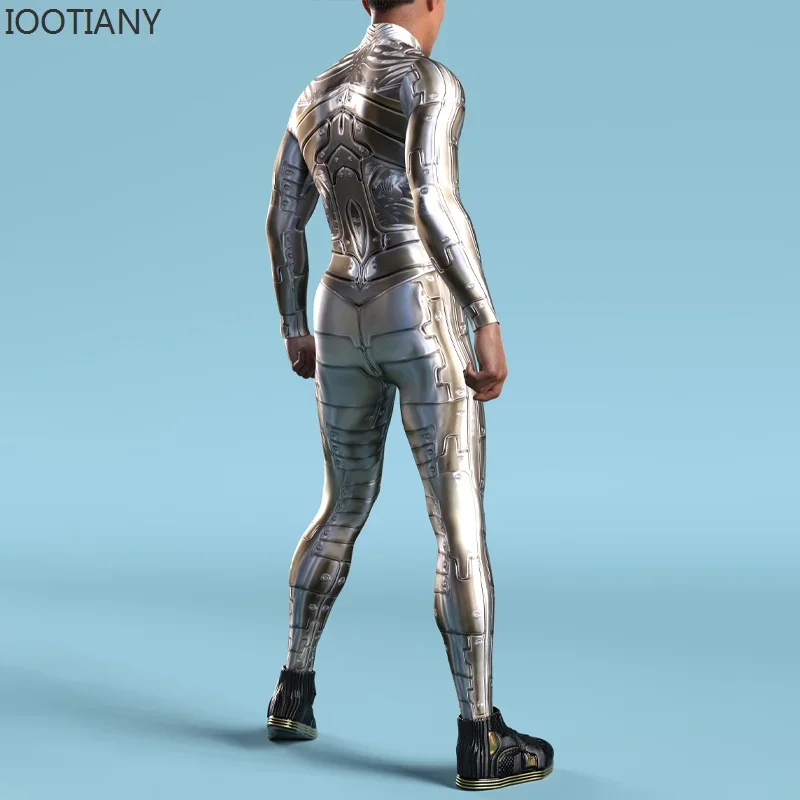 Silver Robot bodysuit 3D printing steampunk armor jumpsuit Zentai casual cycling clothing party cosplay costume carnival romper