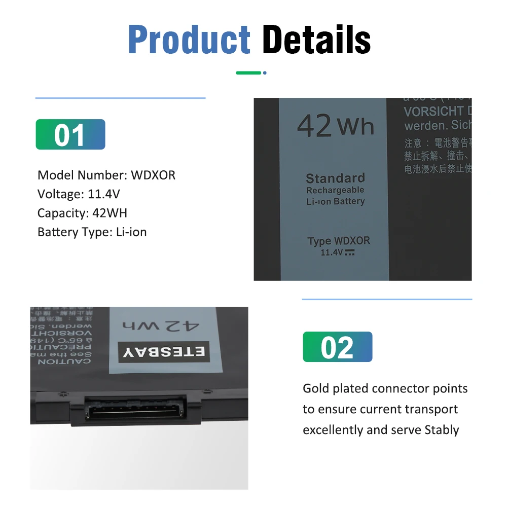 ETESBAY WDX0R WDXOR Laptop Batterij Voor DELL Inspiron 13 5368 5378 7368 14 7460 7472 5468 15 5538 5567 5568 7560 7570 P66F 3189