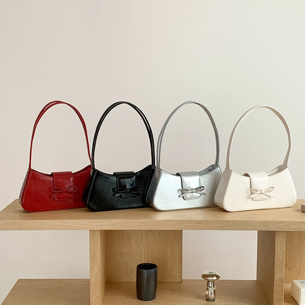 

Sweet Bow Shoulder Bag PU Leather Fashion Handbag with Zipper Closure Clutch Purse Retro Trendy Underarm Bag for Women and Girls