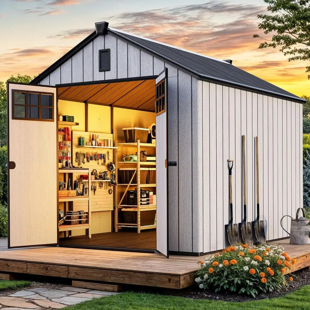 

Прочный пластиковый садовый сарай 8x10 футов с полом, запираемой дверью, окнами, вентиляционными отверстиями и усиленной конструкцией для хранения садового инвентаря, велосипедов, газонокосилок и т.д.