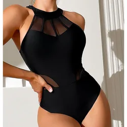 Bañadores negros de una pieza para mujer, ropa de baño Sexy de red cerrada, ropa de baño de realce, traje de baño de cuerpo, ropa de playa para piscina, 2024