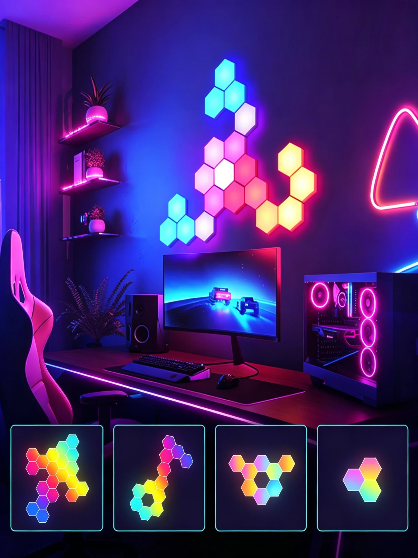RGB Hexagon LED-Wandleuchten, Musik-Synchronisierte Intelligente Sechseckige Lichtpaneele mit App & Fernbedienung, DIY Form- und Farbwechsel Ambiente-Nachtlicht, Gaming-Rhythmus-Lampe für Schlafzimmer