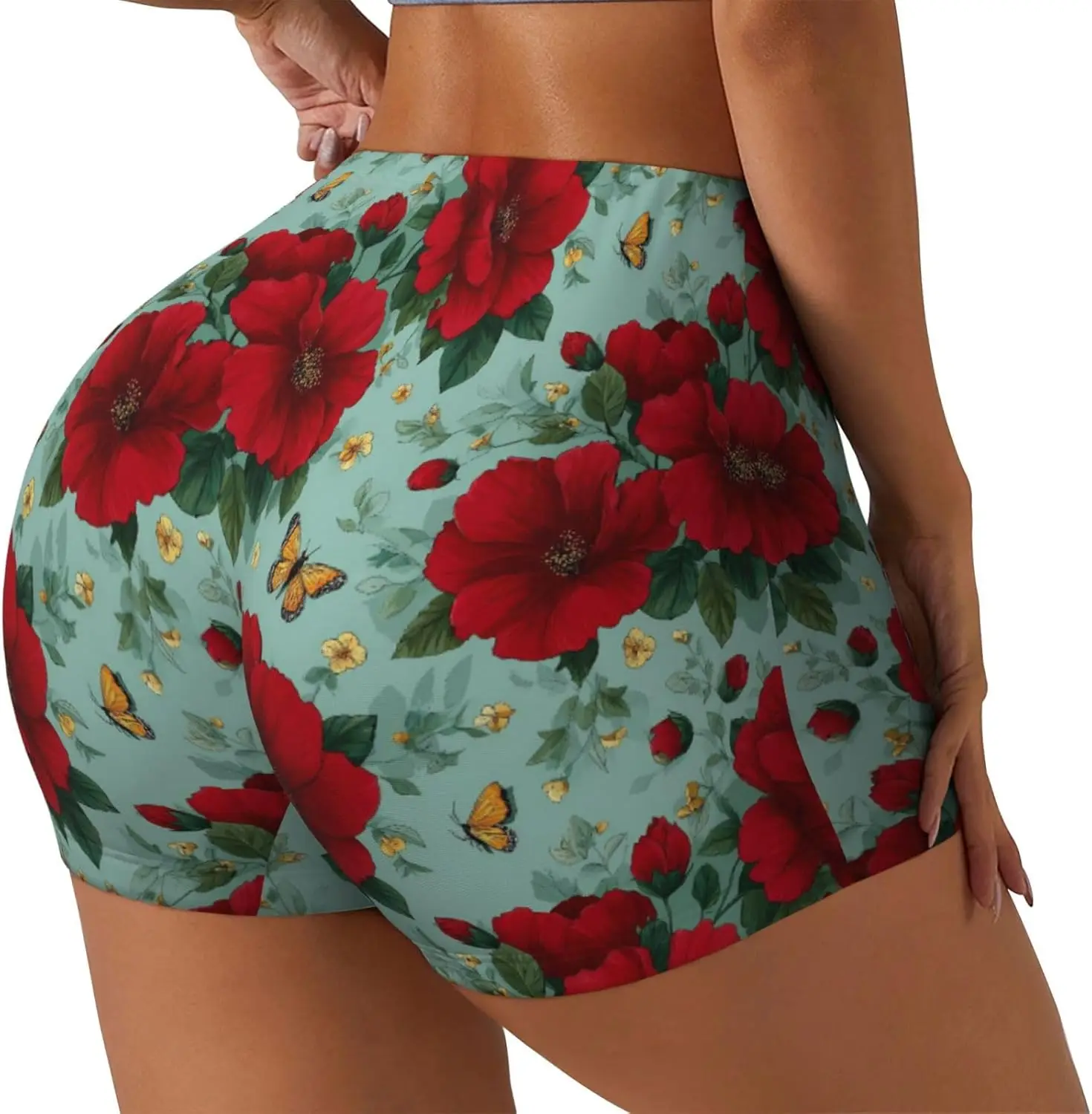 Retro Red Flowers Print Workout Shorts Gym Yoga Running Sport Exercise Fitness Shorts, Biker Shorts Women Booty