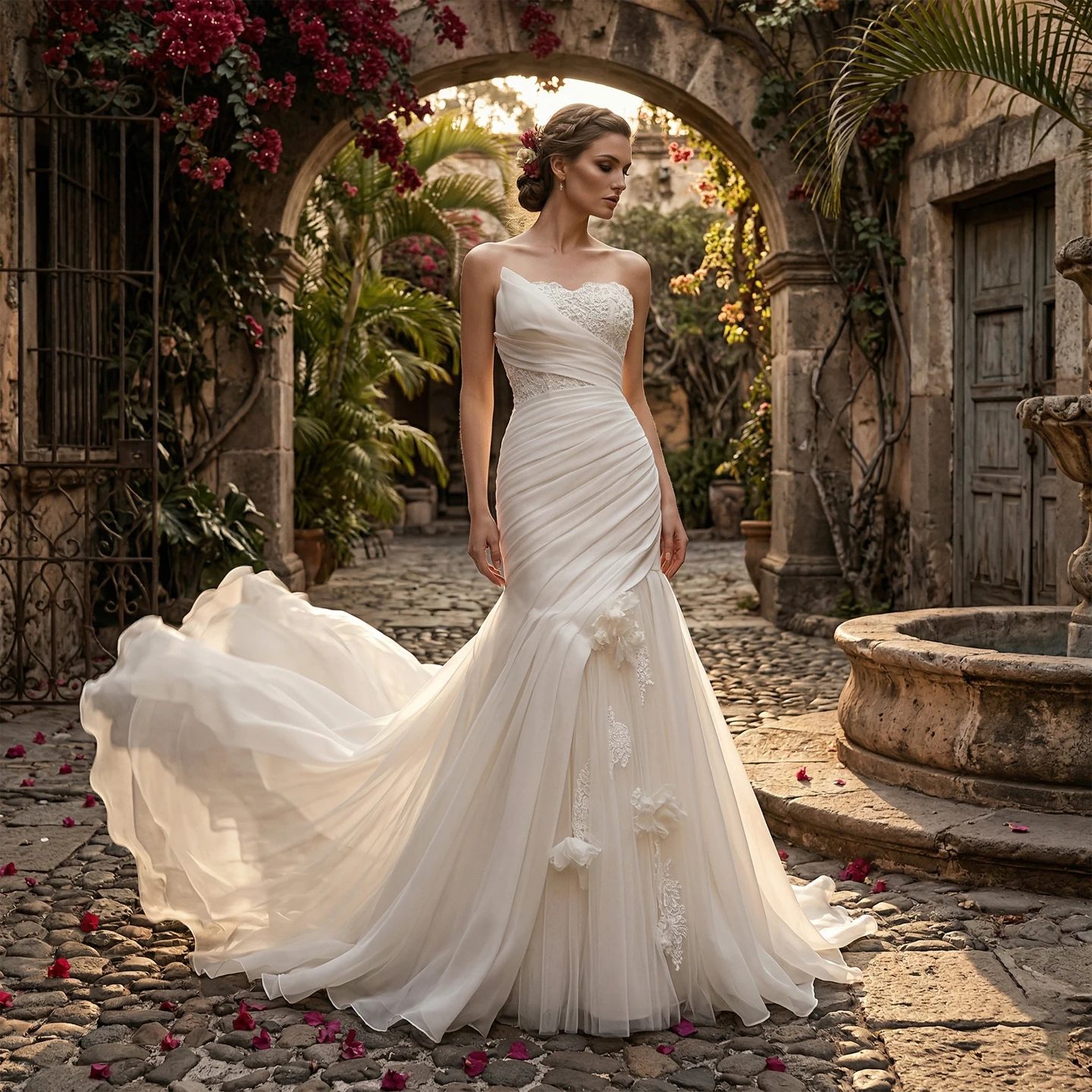 Sharon Said Luxury Mermaid Wedding Dress 2026 Strapless Lace Appliques 3D Flowers Pleated Elegant Bridal Gowns SW655 Customized