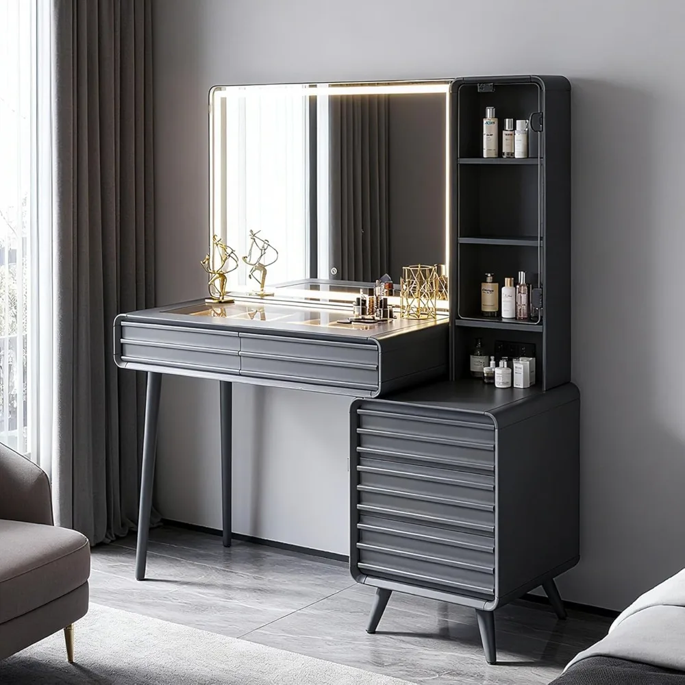 48 Makeup Vanity Desk, Fluted Vanity with Large 35 Mirror and Lights, Modern