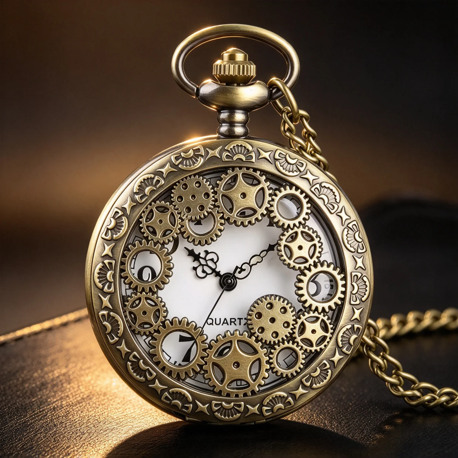 Exquisite Retro Bronze Steampunk Hollow Gear Design Quartz Pocket Watch with Necklace Chain Leisure Pendant Gift Men's Clock