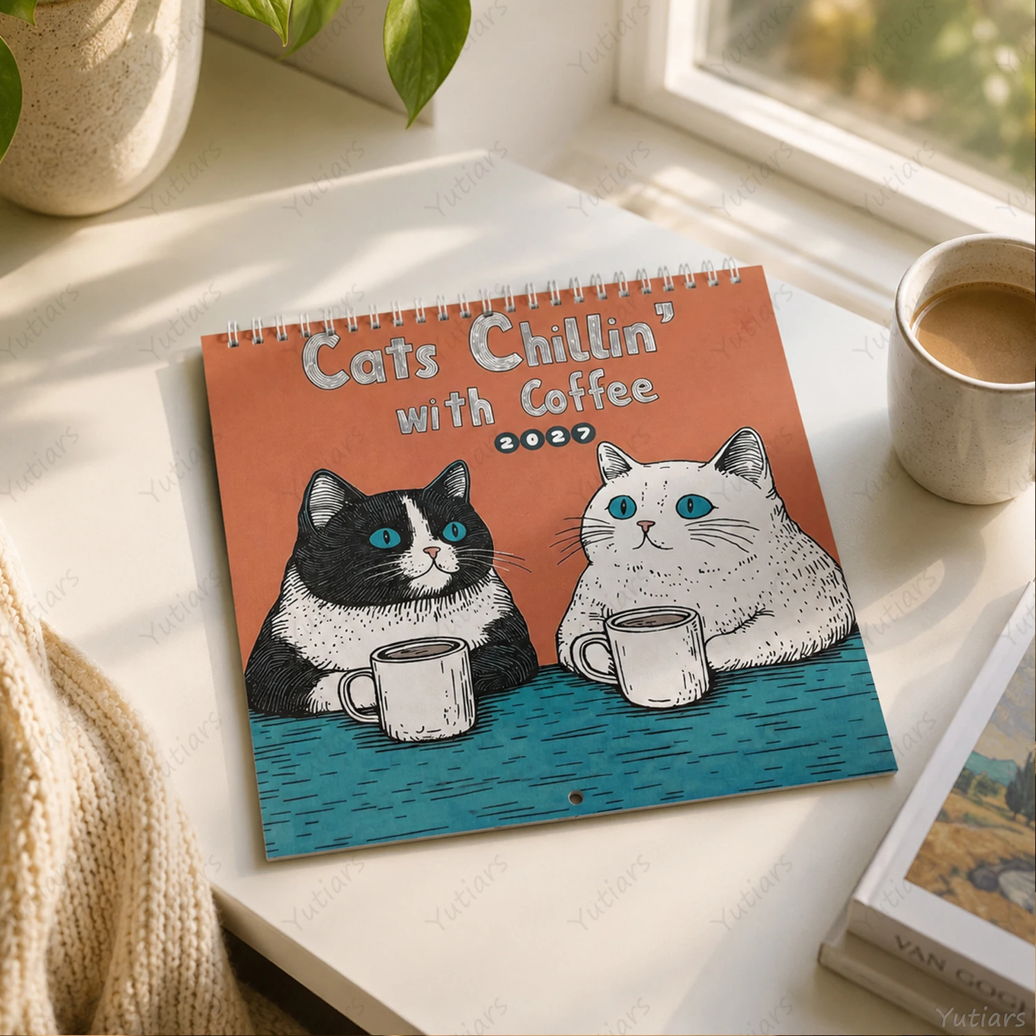 2027 Cats Chillin with Coffee Calendar, Cute Cat Wall Planner, Square Monthly Calendar for Home Office Decor and Cat Lovers