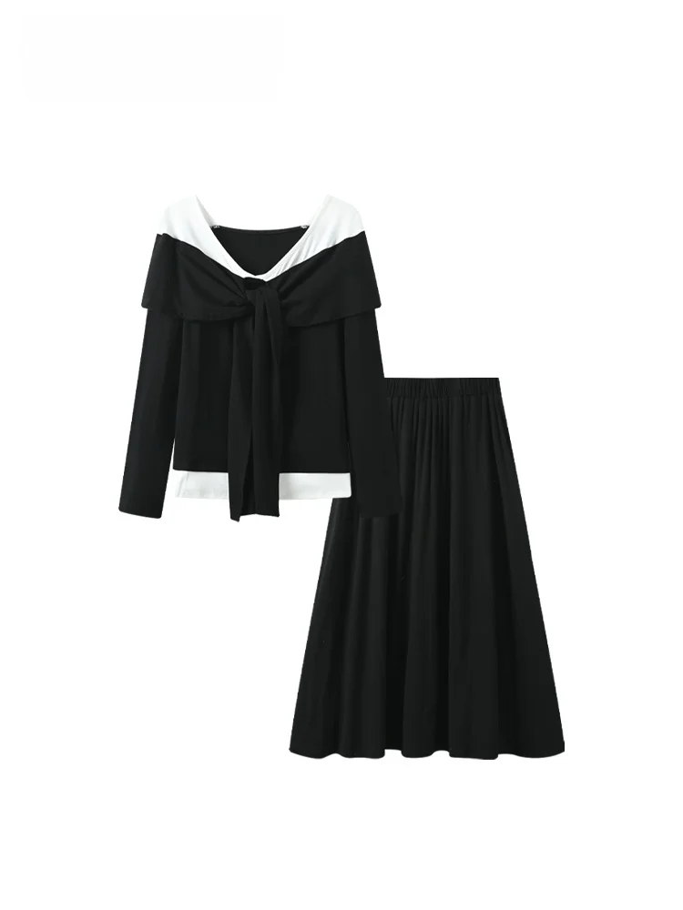 

Женский модный комплект больших размеров: футболка с длинным рукавом и юбка, повседневный хлопковый наряд на весну-осень, комплект из двух предметов