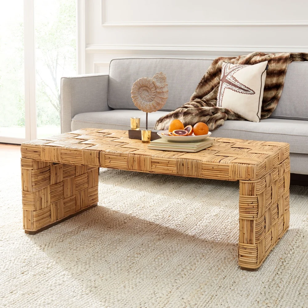 Coastal Checkered Rattan Coffee Table Honey Natural Indoor Furniture Rectangle Design No Assembly Required Home Decor