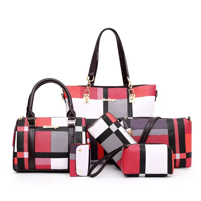 Conjunto de bolsos de lujo a cuadros para mujer, bolso de hombro femenino, bolso cruzado de viaje, compras, nuevo, 6 piezas