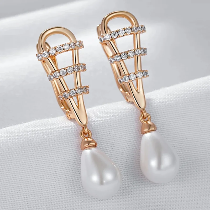 Wbmqda Water Drop Shape Pearl Earrings For Women 585 Rose Gold Color With Natural Zircon Unique Dubai Jewelry Accessories