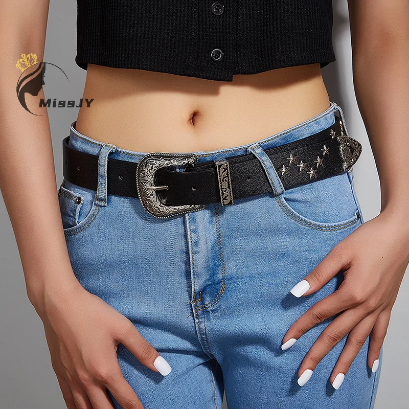 Vintage Star Rivet เข็มขัด Y2k หัวเข็มขัดโลหะ Punk Rock เข็มขัด Gothic Pu เข็มขัดผู้หญิงผู้ชายกางเกงยีนส์กางเกงอุปกรณ์ตกแต่ง