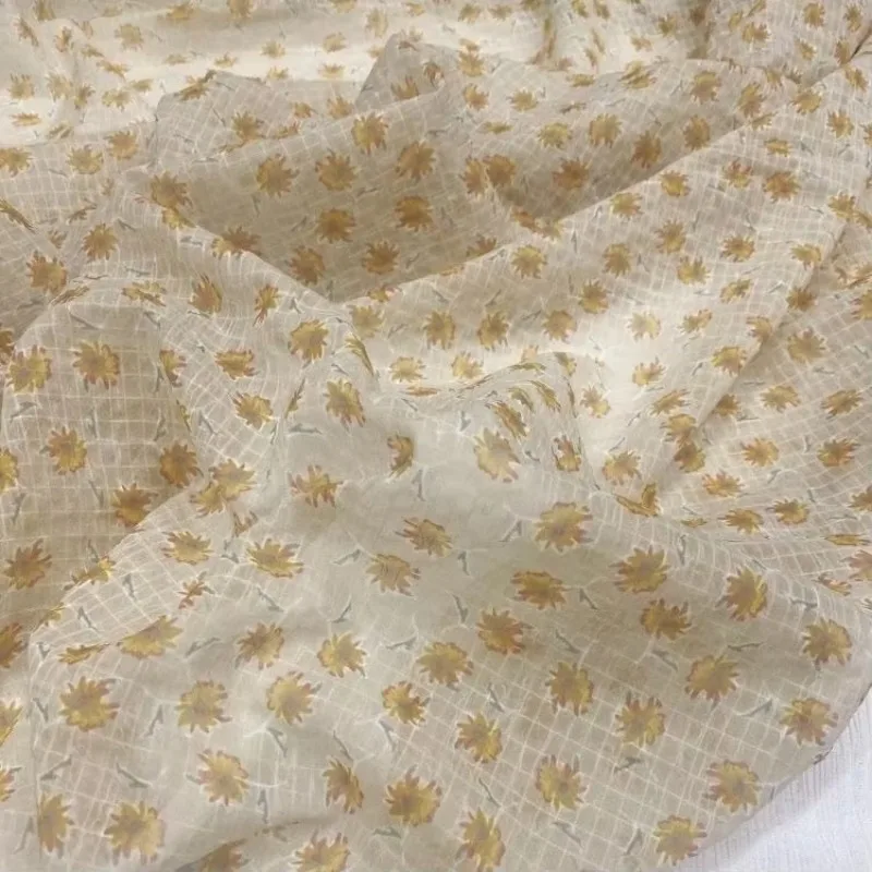 Apricot Bubble Chiffon Fabric With Daisy And Small Check Pattern Semi Transparent Soft Material For Dress Blouse DIY Sewing