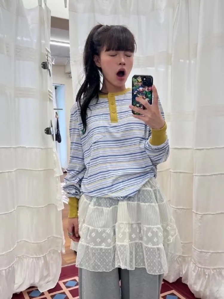 

Ретро-футболка в полоску с цветовыми блоками, свободного кроя, с длинным рукавом, круглым вырезом, из хлопка, влагоотводящая, дышащая, для повседневной носки.