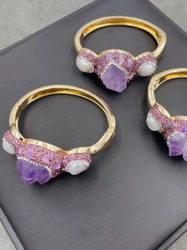 Natural Amethyst Pearl Bracelet Sets Women Vintage Jewelry 2PCS Ring  Lady Daily Party Handmade Jewelry