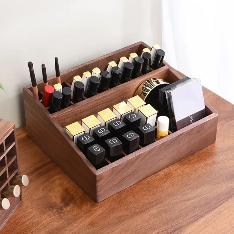 Organizador de maquiagem de nogueira preta de luxo, suporte de batom de grande capacidade, vitrine de brilho labial, caixa de armazenamento de cosméticos de alta qualidade