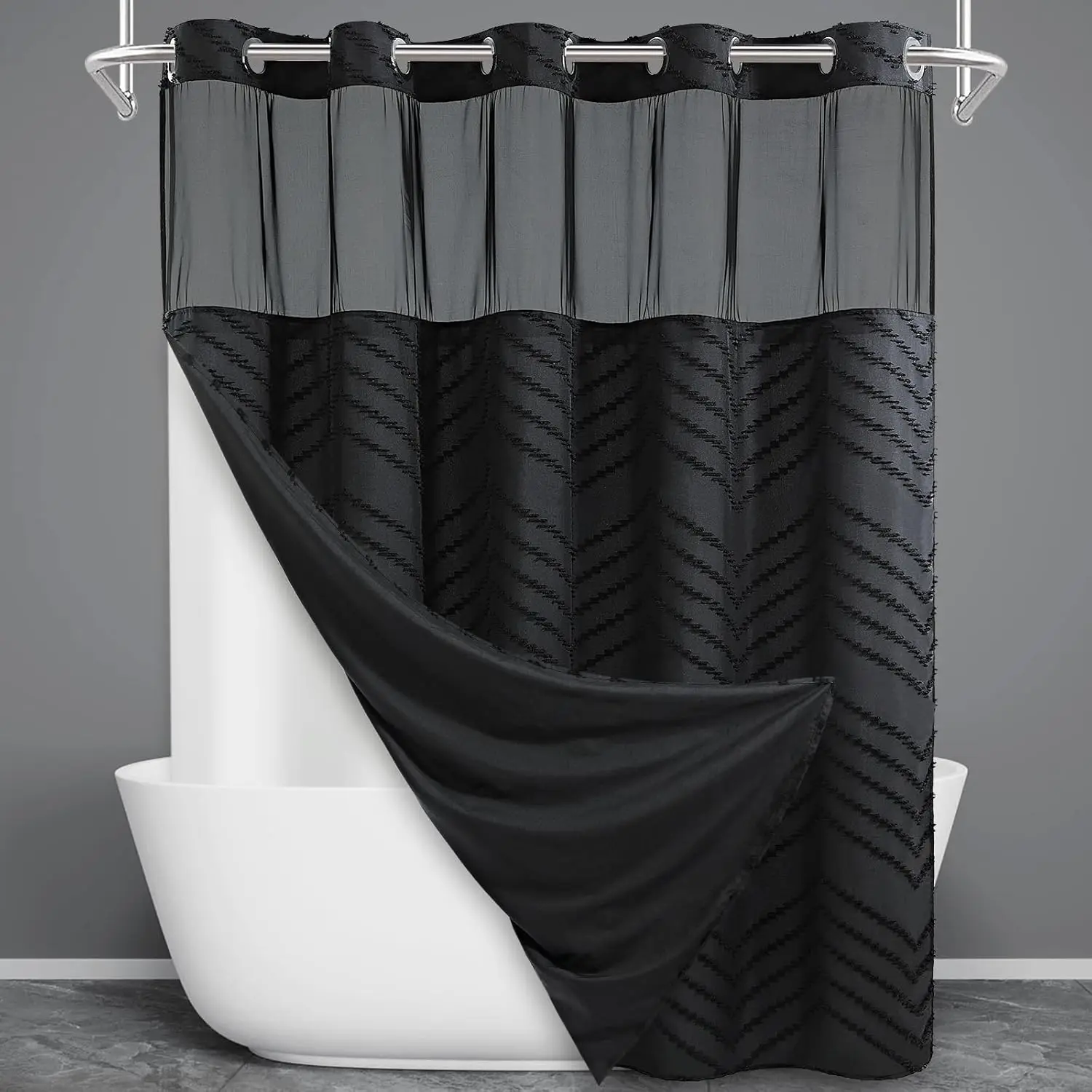 

Long No Hook Shower Curtain with Snap-in Liner, Tufted Chevron Striped Set for Bathroom, Waterproof and Washable