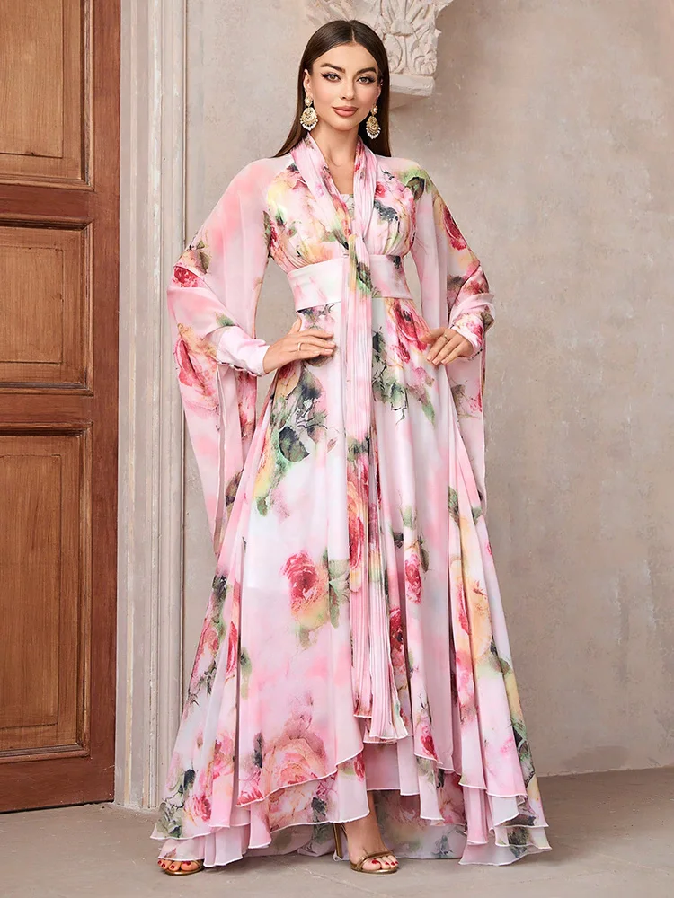 

TOLEEN 2024 New in Women's Casual Elegant Floral Print Spring/Summer High Waist Bell Sleeve Maxi Long Dress For Vacation Party