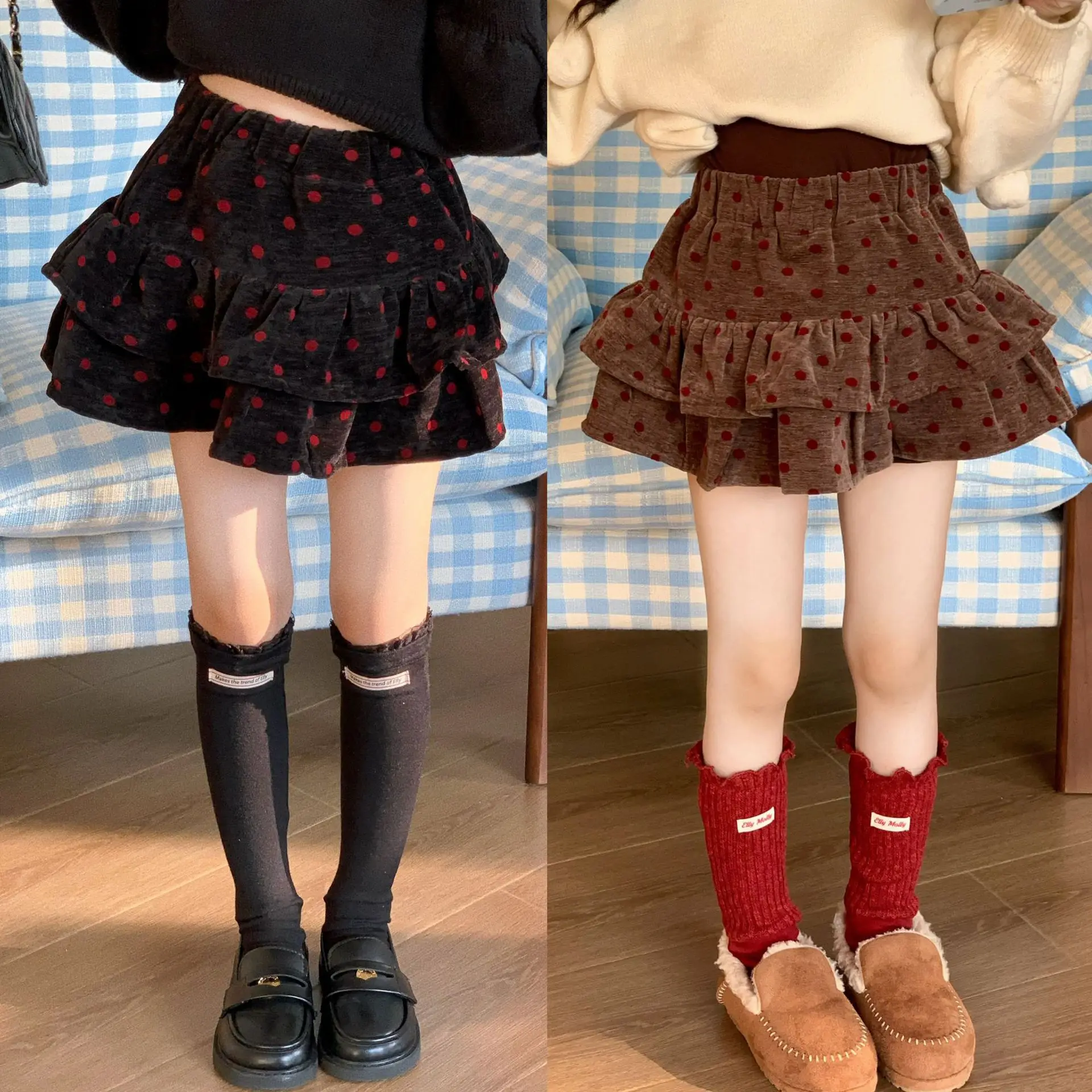 Girls' Short Skirt 2026 Autumn Winter New Korean Cake Skirt Polka Dot Fluffy Velvet Princess Skirt