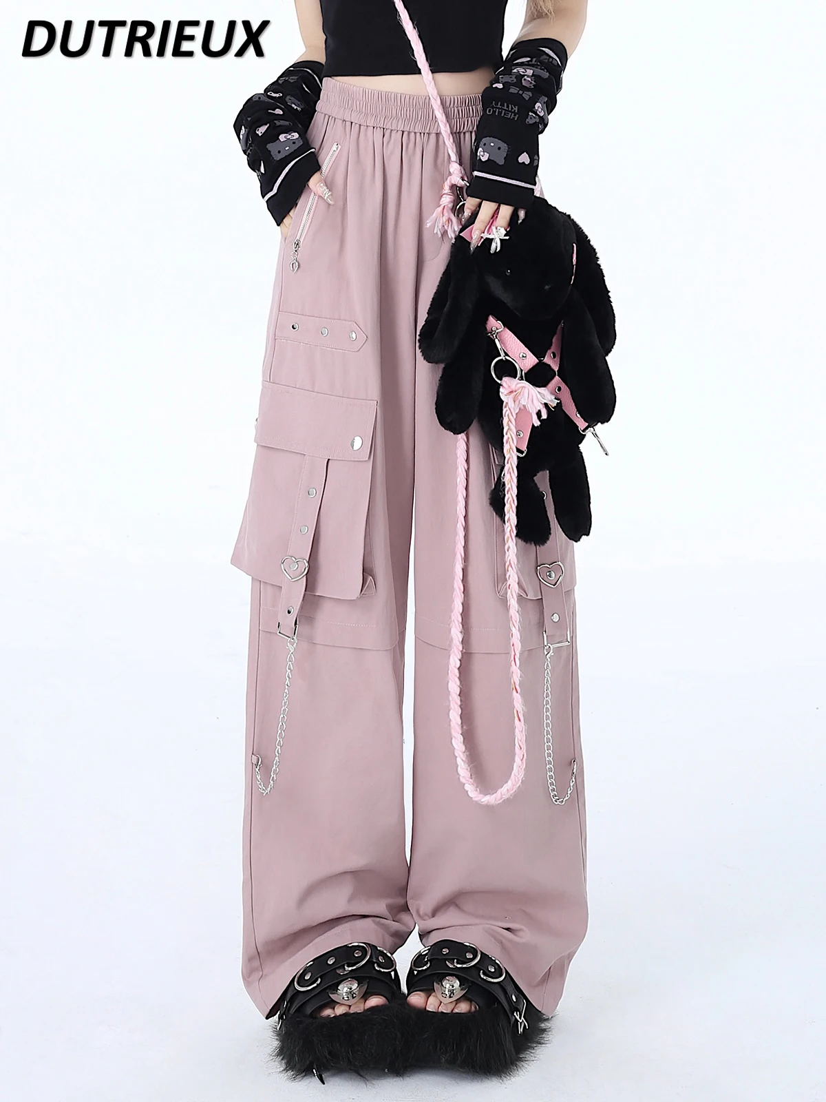 

Spring Autumn New Elastic Waist Loose Trousers Sweet Cool Chain Design Loose Black Pink All-Match Hot Girl Straight Cargo Pants