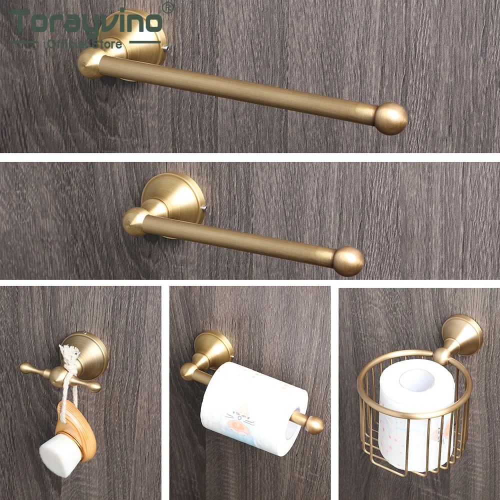 Torayvino Antique Brass Bathroom Accessories Set Toilet Paper Holder Towel Bar Robe Coat Hook Banheiro Hardware Combo Kit