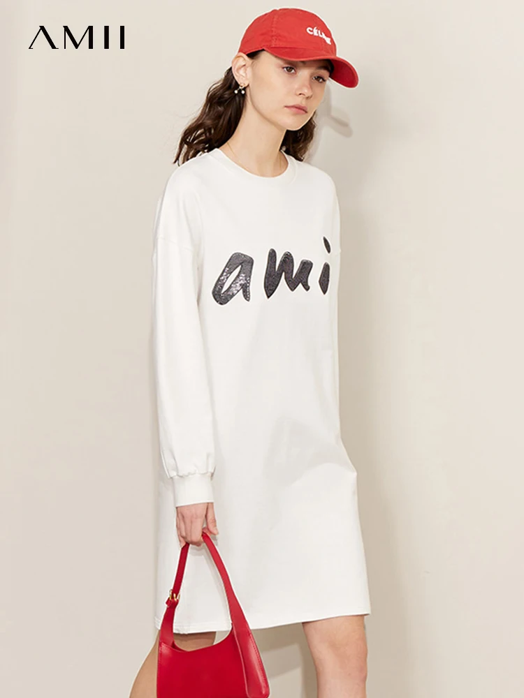 AMII Minimalism 2023 Spring New Casual Sporty White Dress Cotton Letter Embroidery Sequin Straight Hoodies Vestidos 12341110