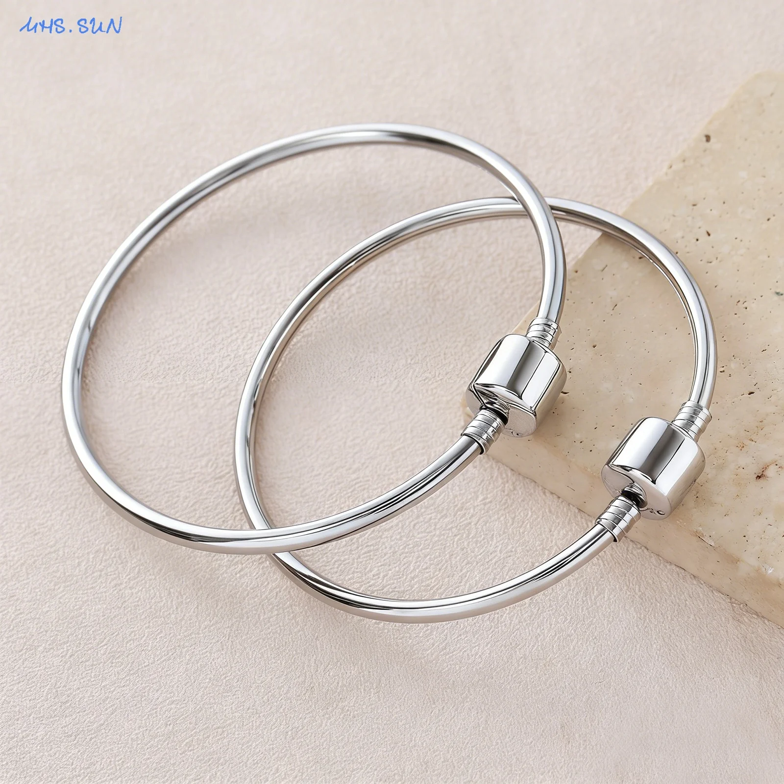 MHS.SUN Stainless Steel Basic Charms Bangles Square/Heart/Round Buckle Bracelets For DIY Jewelry Making Gifts Accesories