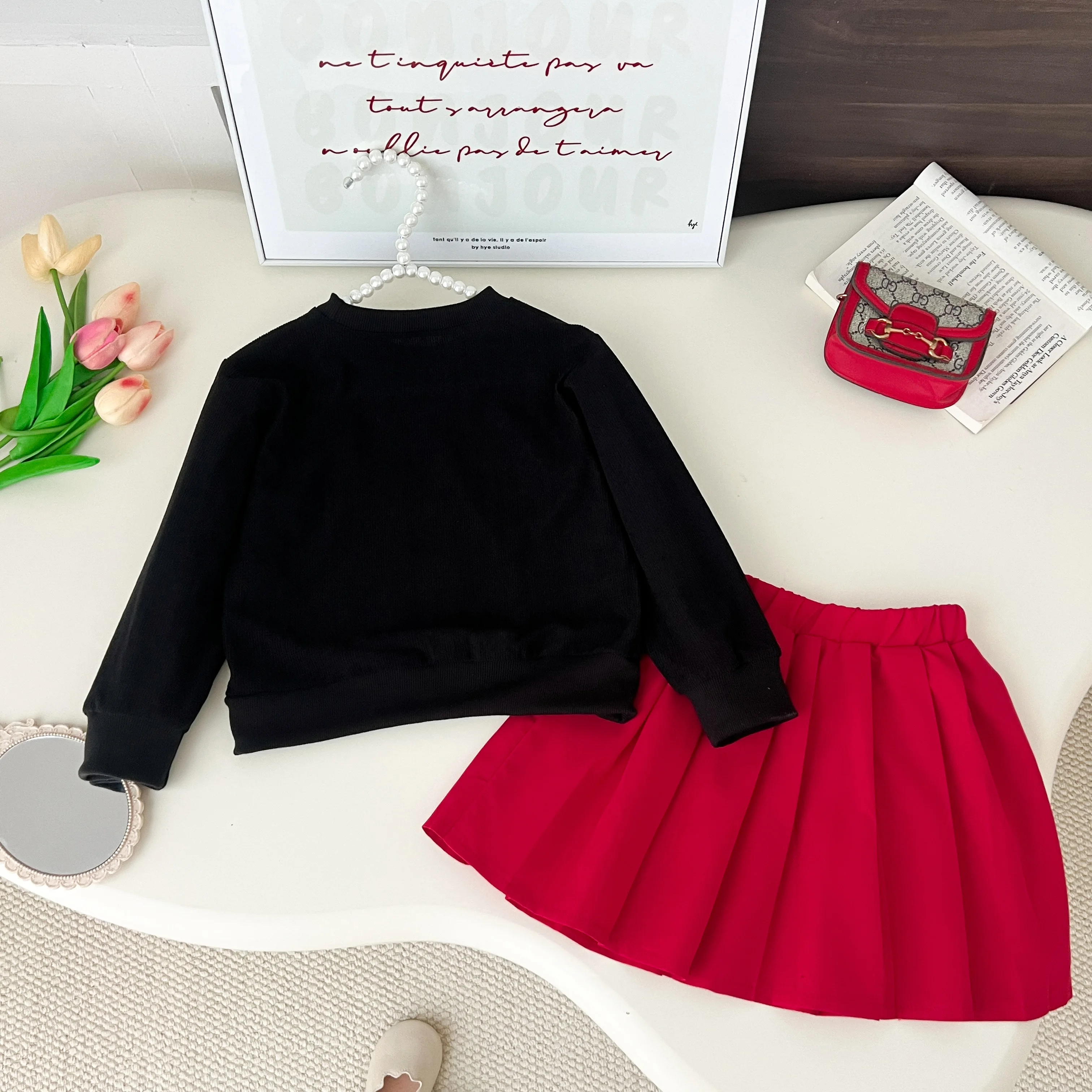 Girls Fashionable and Casual Set Autumn Strawberry Trim Black Long Sleeve Top Red Pleated Skirt Two Piece Set Clothes