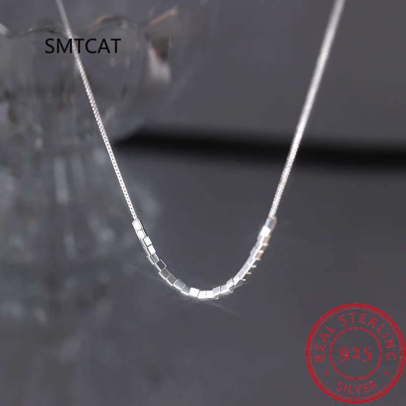 925 Sterling Silver Slide Block Sparkling Necklace Basic Chain Link Simple Fine Jewelry For Women Valentine\'s Day Gift