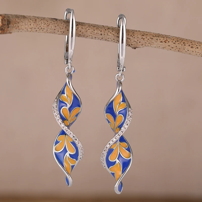 Vintage Silver Color Metal Inlaid Cubic Zirconia Earrings Ethnic Painted Flower Enamel Dangle Earrings for Women Jewelry