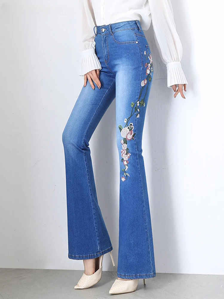 

Embroidery Skinny Casual Flare Jeans Women New Streetwear Denim Pants High Waist Strecth Elegant Vintage Boot Cut Vaqueros