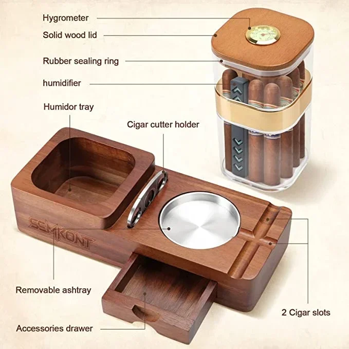 Cigar Display Humidor And Detachable Wooden Cigar Ashtray Set With Sealed Cigar Jar Tray For Home And Office