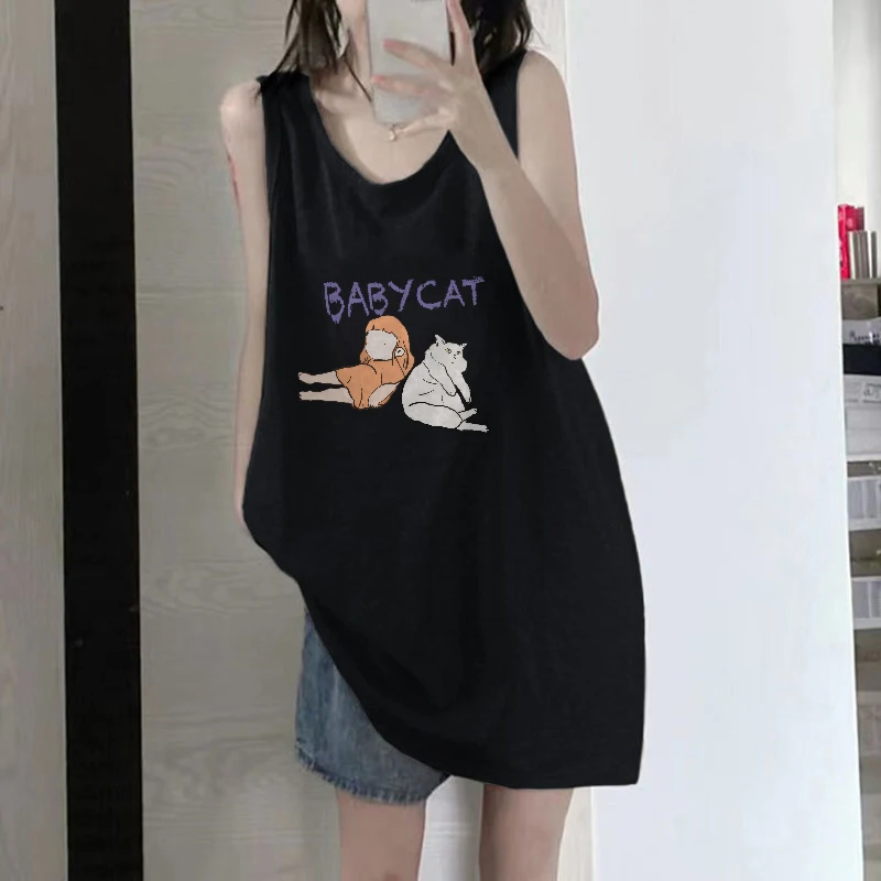 American Retro Pure Cotton Strap Sports Tank Top Sleeveless T-Shirt Women Summer Outdoor Loose Basketball Clothes Upper Body