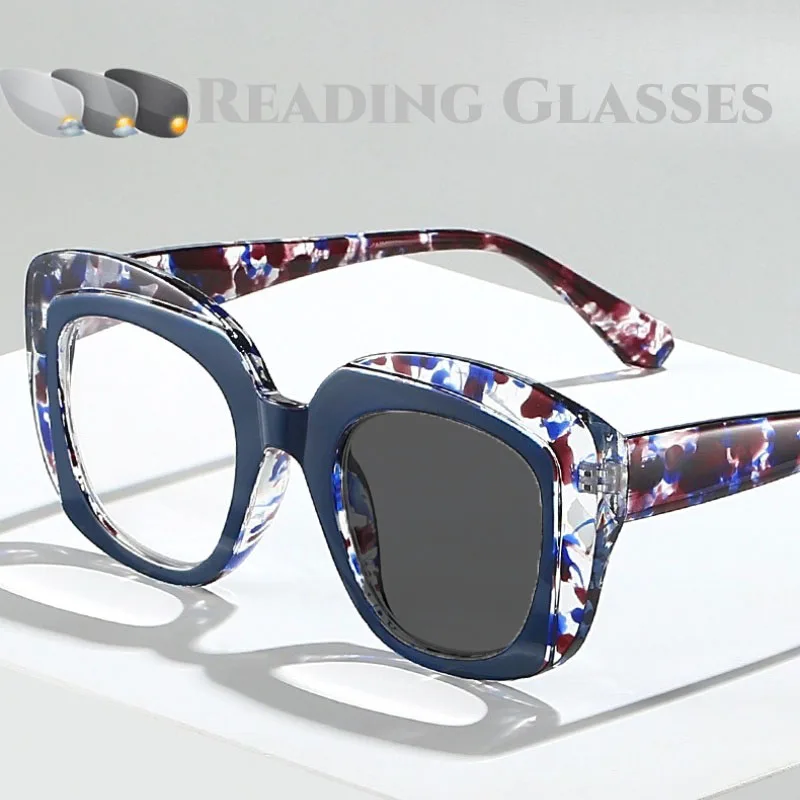 

New Retro Leopard Print Anti Blue Light Color Changing Reading Glasses Personalized Large Frame Photochromic Presbyopia Glasses