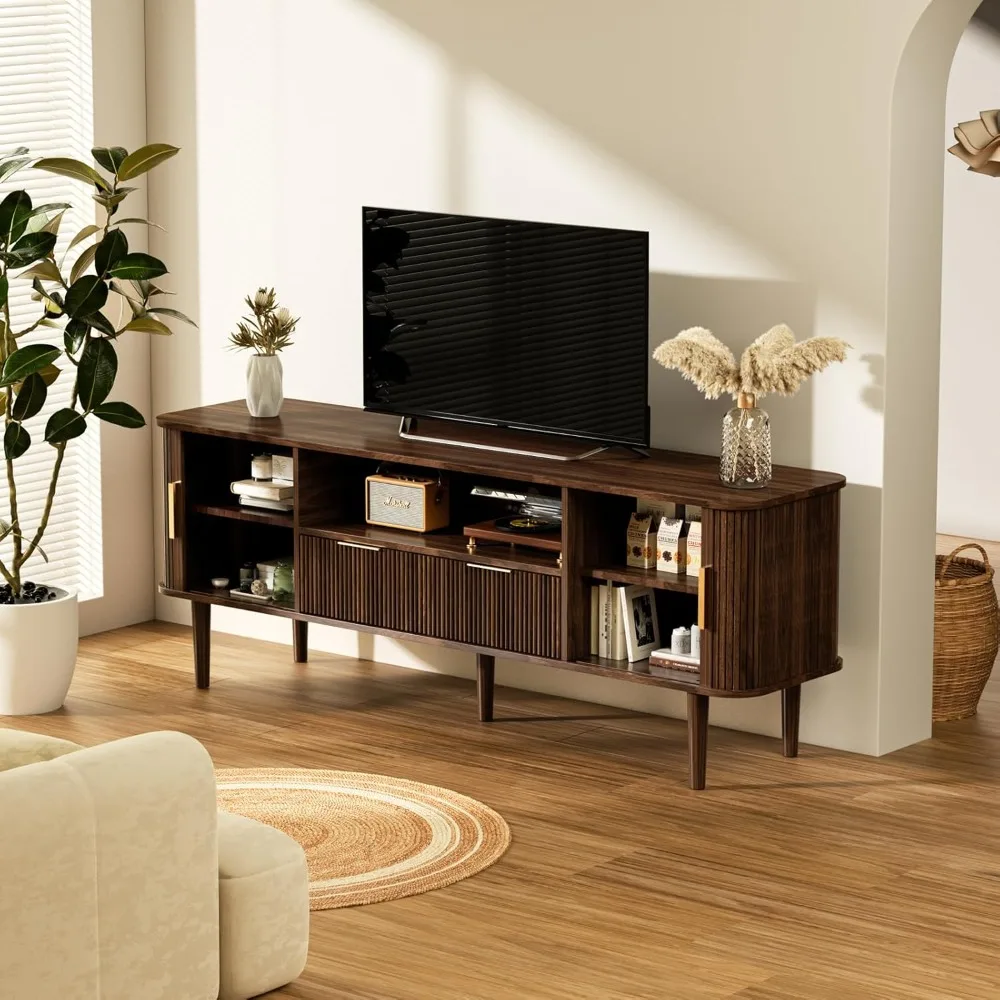 

"TV Stand 62.4 Inch Mid Century Modern Media Console Table with Drawer, Shelves & Sliding Tambour Door, Farmhouse Style"