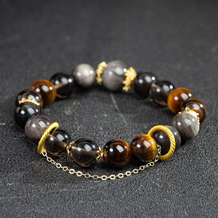 

TIMESWIND Natural Tiger's Eye Stone Obsidian Bead Alloy Chain Women Bracelet with Certificate