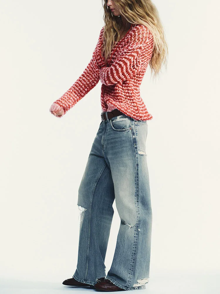 패셔너블하고 달콤하며 섹시한 니트 폴로넥 스웨터 신상품 2025 가을 캐주얼 루즈핏 긴팔 스트라이프 패턴 소녀용