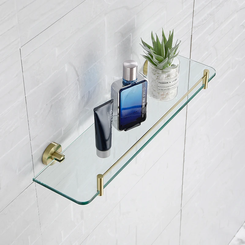 Stainless Steel 304 Bathroom Hardware Accessories Wall Mounted Brushed Gold Bathroom Glass Rack Shelf