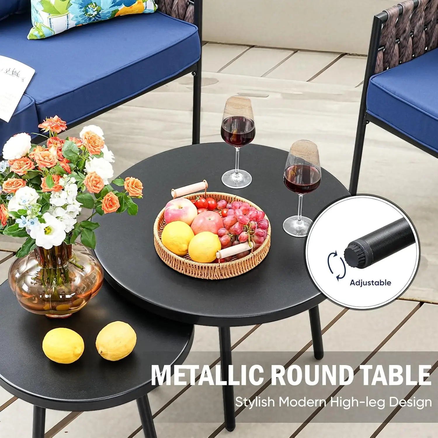 5 Pieces Patio Furniture Set, Patio Conversation Set with Armchairs, Wide Jumbo Rope Wicker Deep Seating with 2 Round Side Table