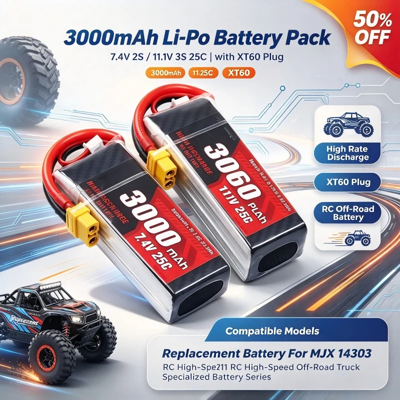 High Quality 3000mAh 7.4V 2S/11.1V 3S 25C XT60 Li-Po Replacement Battery for MJX 14303 14211 RC High Speed Off-Road Truck