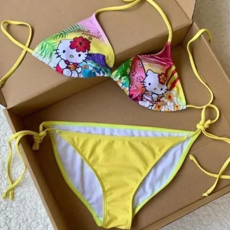 Hello Kitty-Maillot de bain fendu hawaïen pour femmes, petit bikini push-up, vêtements de plage, costume de surf, chaud, Kawaii, été