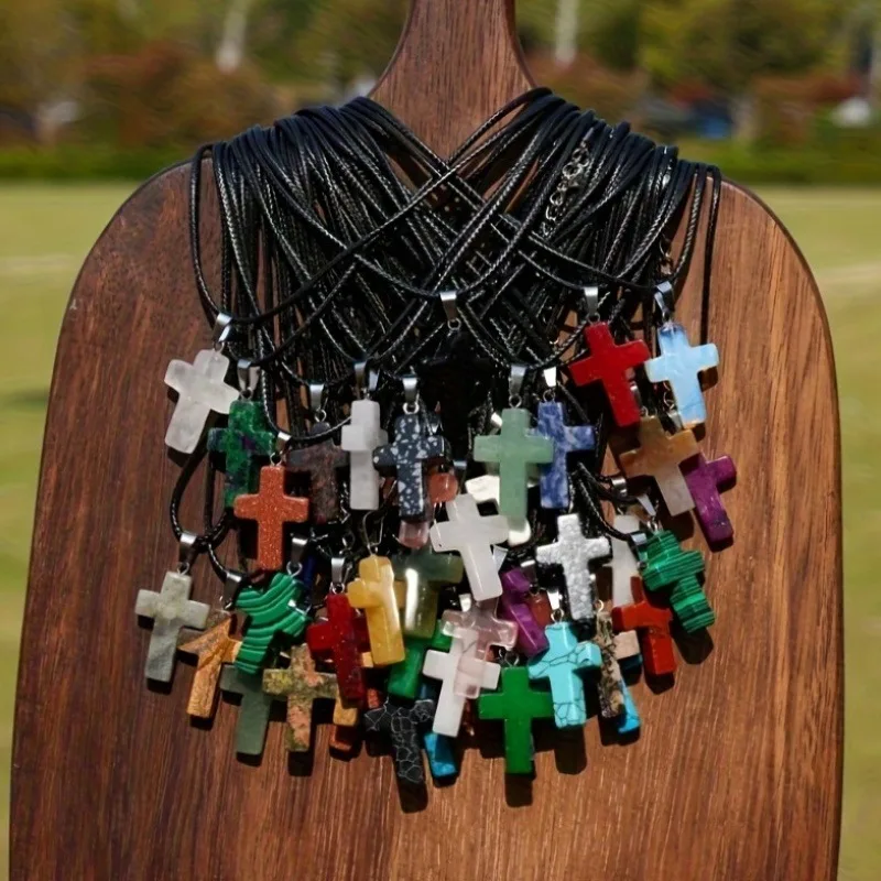 30-teiliges Set mit Kreuzanhängern aus Naturstein, DIY-Schmuckherstellung, geeignet für DIY-Halskettenherstellung, Chakra-Edelstein-Quarz