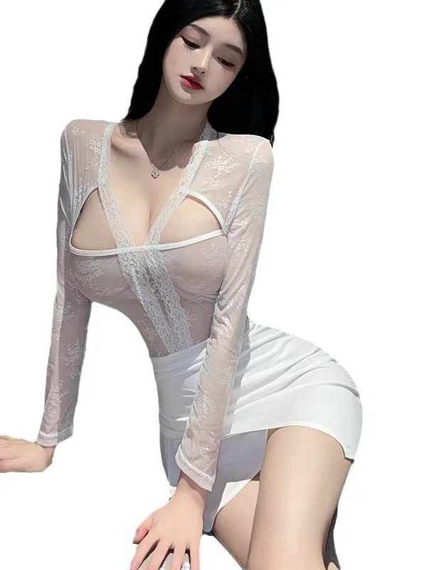 Kant pure mesh mini-jurk sexy secretaris verleiding borst grote transparante uitgehold sexy lange mouw jurk elegante zoete 8KP
