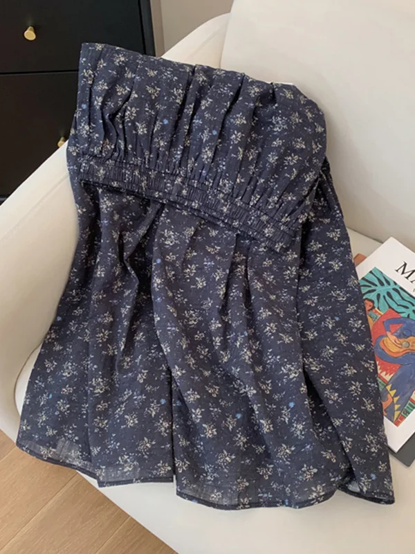Retro Floral Cotton Linen Half Skirt Women's Autumn Drape Splicing Slimming Younger A-Line Umbrella Skirt High Waist Elastic ...