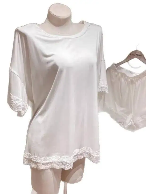 秋の新作パジャマ韓国版ルーズオフショルダーレース半袖Tシャツホットソリッドカラードレスチャーミングエレガント16TT