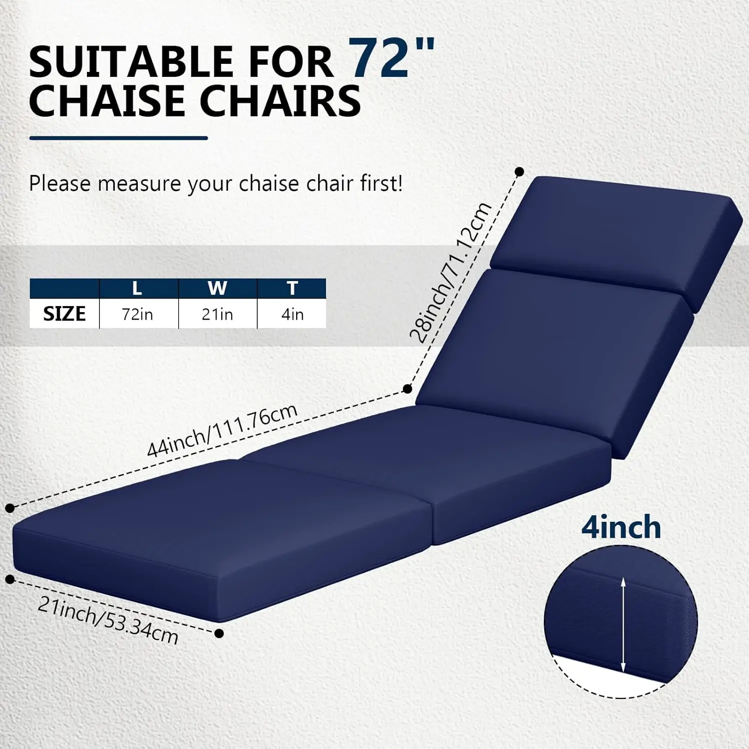 Outdoor Chaise Lounge Replacement Cushions, 72 x 21 x 4 Inch, Waterproof, 4In Fade-Resistant Thick, Patio Use