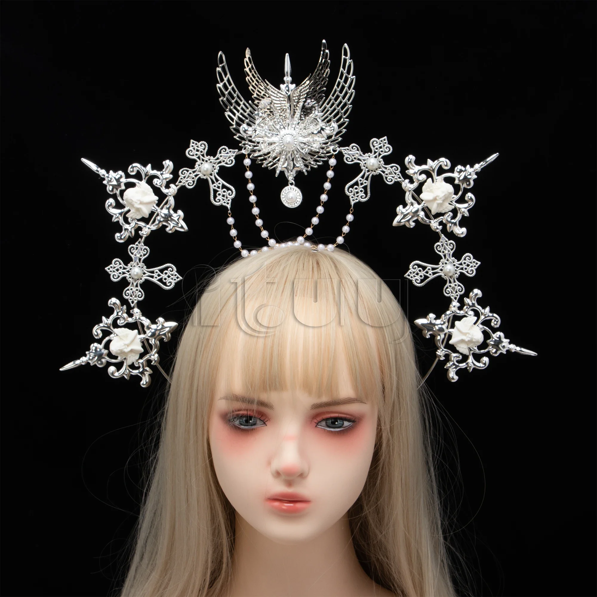 Silver Gothic KC Halo Crown Headpiece Lolita Sun Goddess Queen Baroque Tiara Halloween Headband Hair Accessories